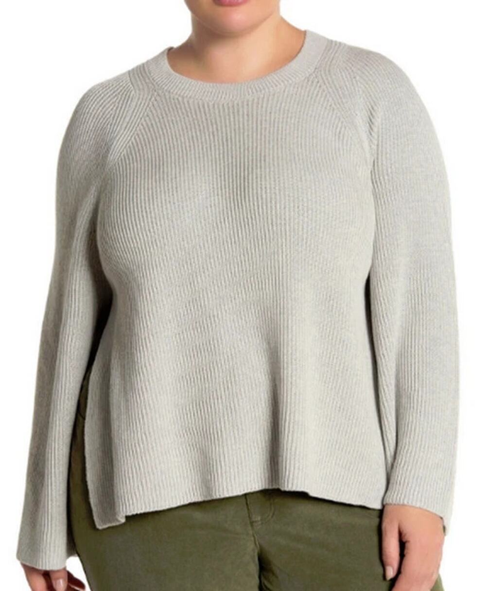 Lafayette 148 NY Ribbed Vented Hem crew Cotton/Silk Sweater Pebble Large A010537
